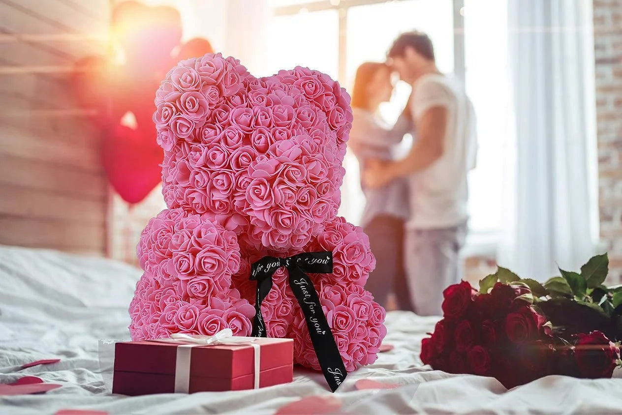 Teddy Flower Bear Rose Teddy Bear 10 Inch Rose Bear Wedding Party Decoration Gift Box for Valentines Day Gifts Mothers Day Anniversary Birthday Present (Pink)